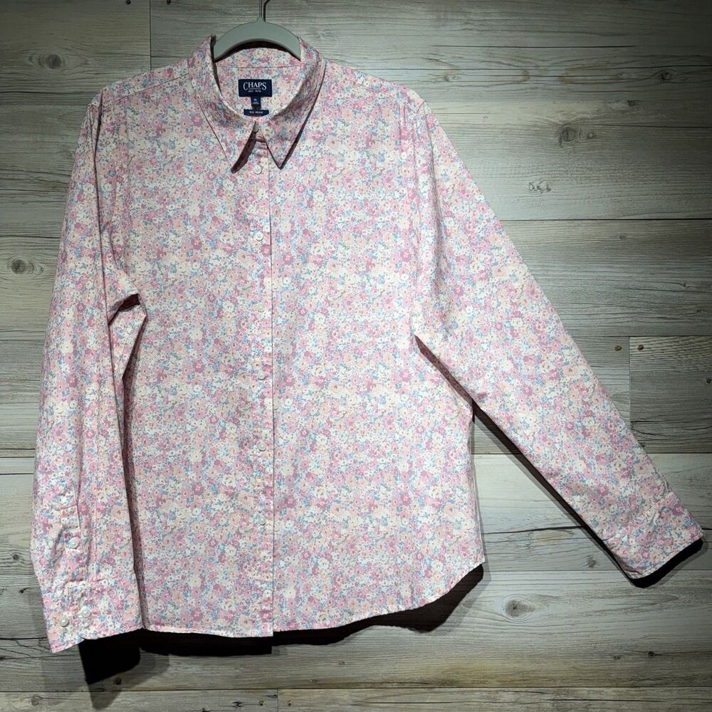 Chaps No Iron Top Pink Floral Button-Up Blouse Shirt Women’s XL Stretch Pink